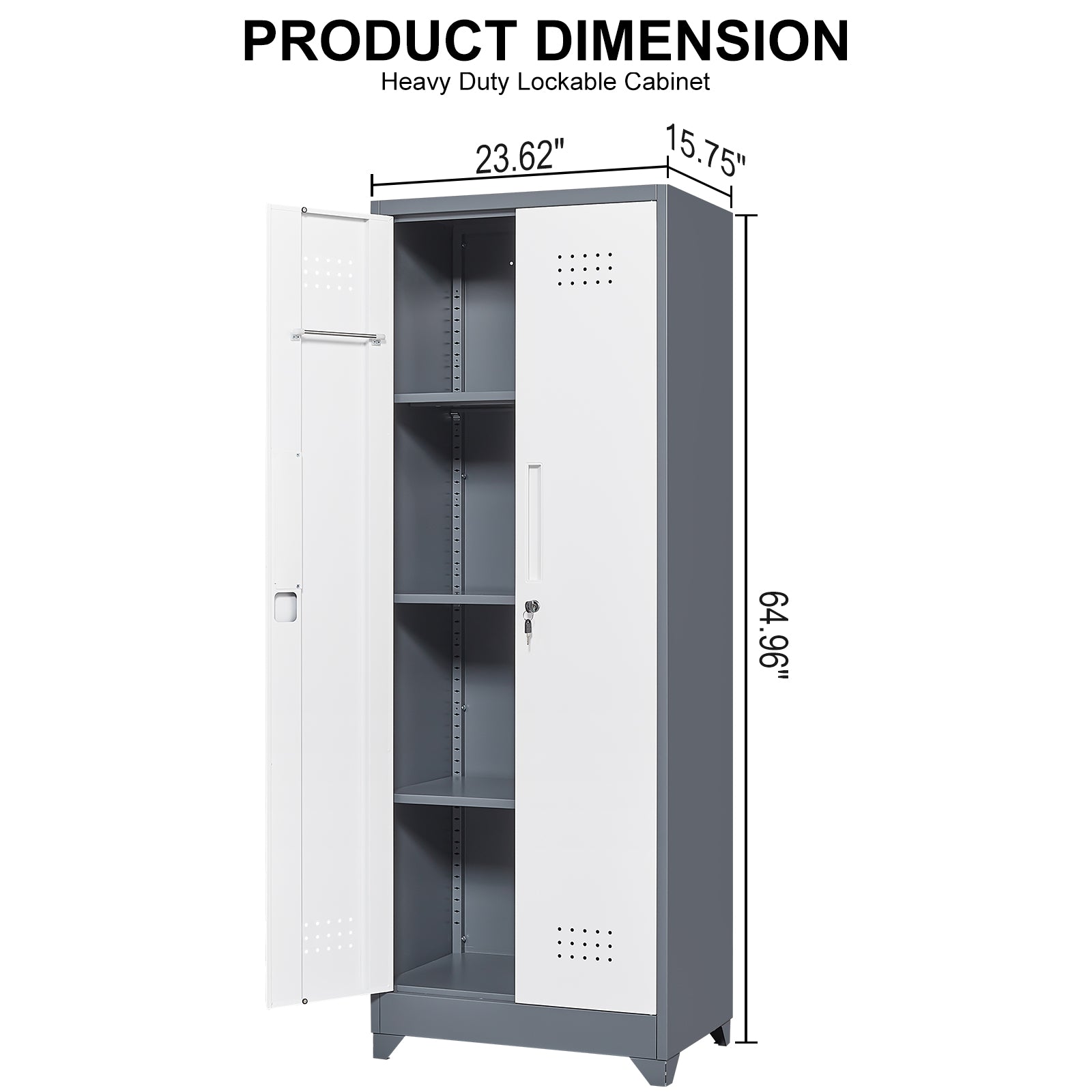 Broom Storage Cabinet With Locking Doors And Shelves, 65" H Metal Storage Cabinet With Hanging Rod & S-Hooks, Cleaning Tool Storage Cabinet Grey