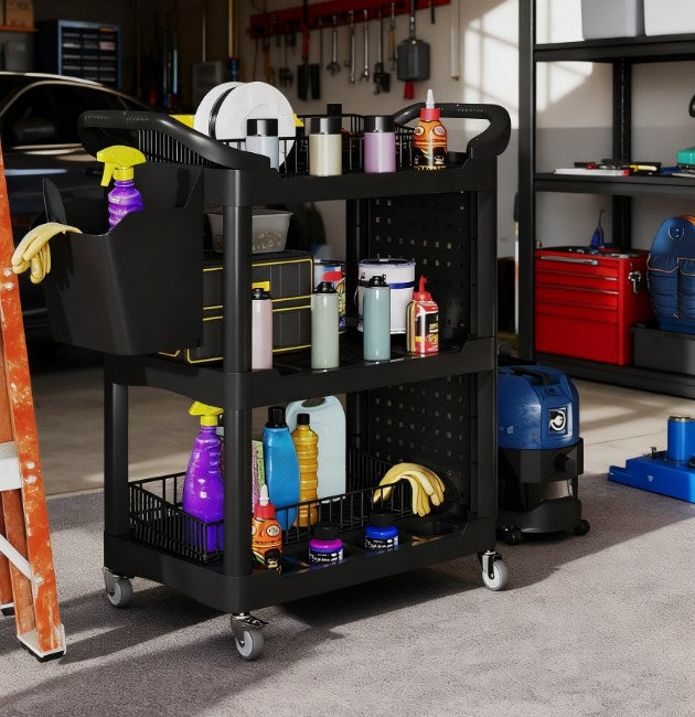 Capacity Plastic Utility Cart with Side Shelf and Storage Bucket,3-Tier Rolling Tool Cart