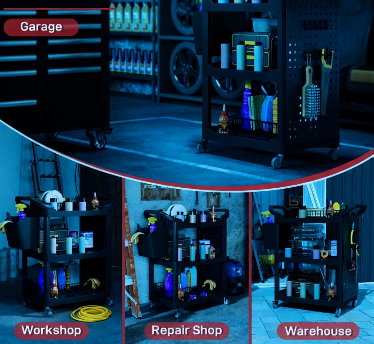 Capacity Plastic Utility Cart with Side Shelf and Storage Bucket,3-Tier Rolling Tool Cart