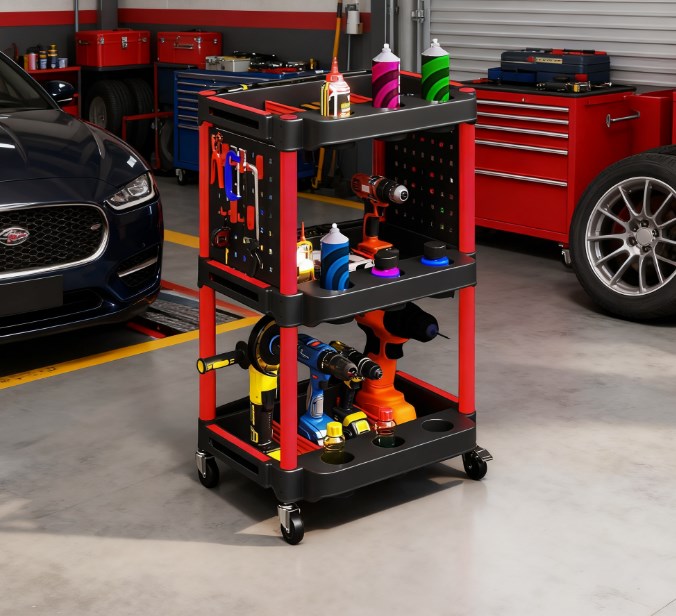 Capacity Plastic Utility Cart,3-Tier Rolling Tool Cart with Side Shelves for Garage, Workshop