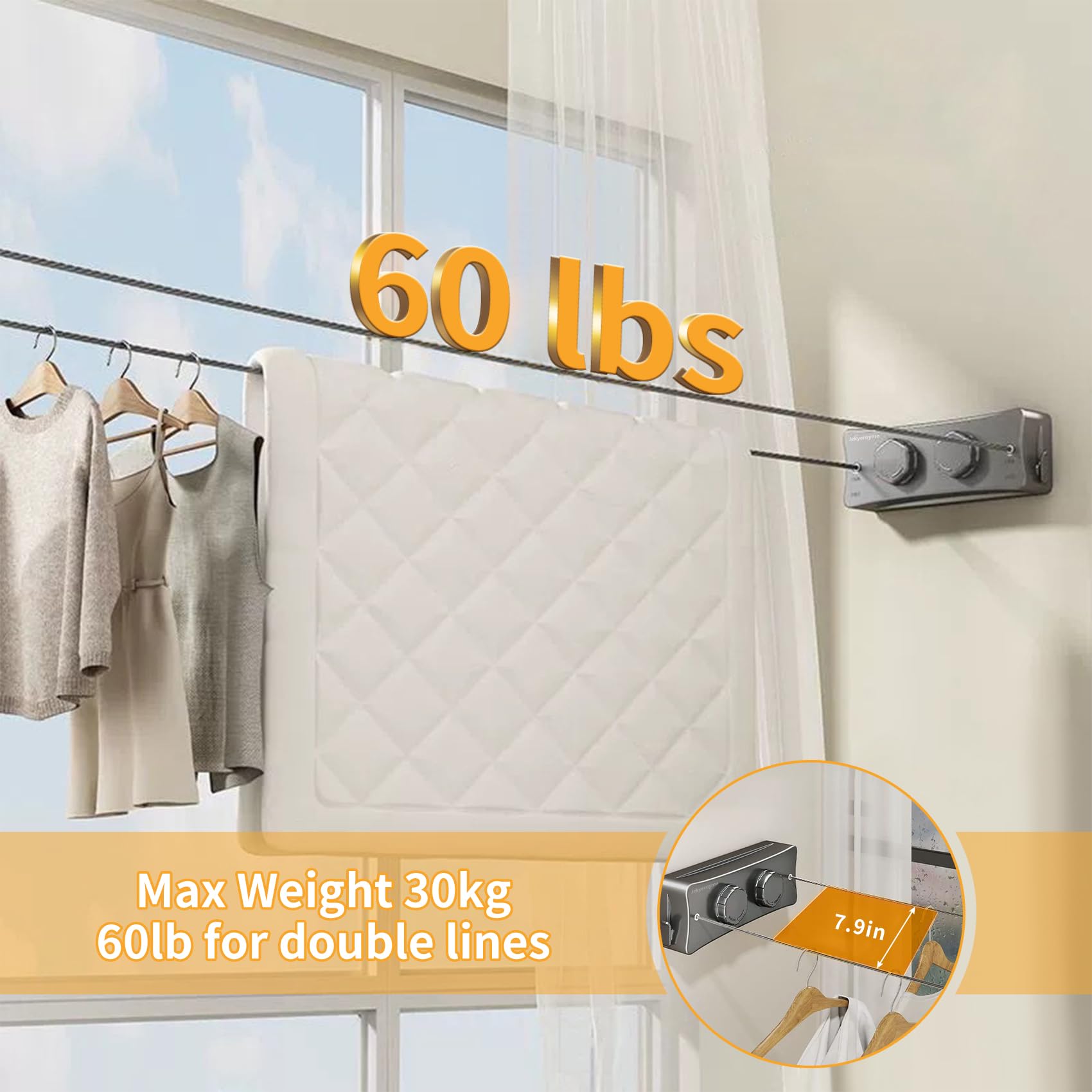 Retractable Clothesline Indoor & Outdoor, Non-Sagging Wall Mounted Drying Rack Clothesline, 16.7 Ft Stainless Steel Wire Double Clothes Lines, Hanging Clothes line for Balcony, Courtyards(Grey)