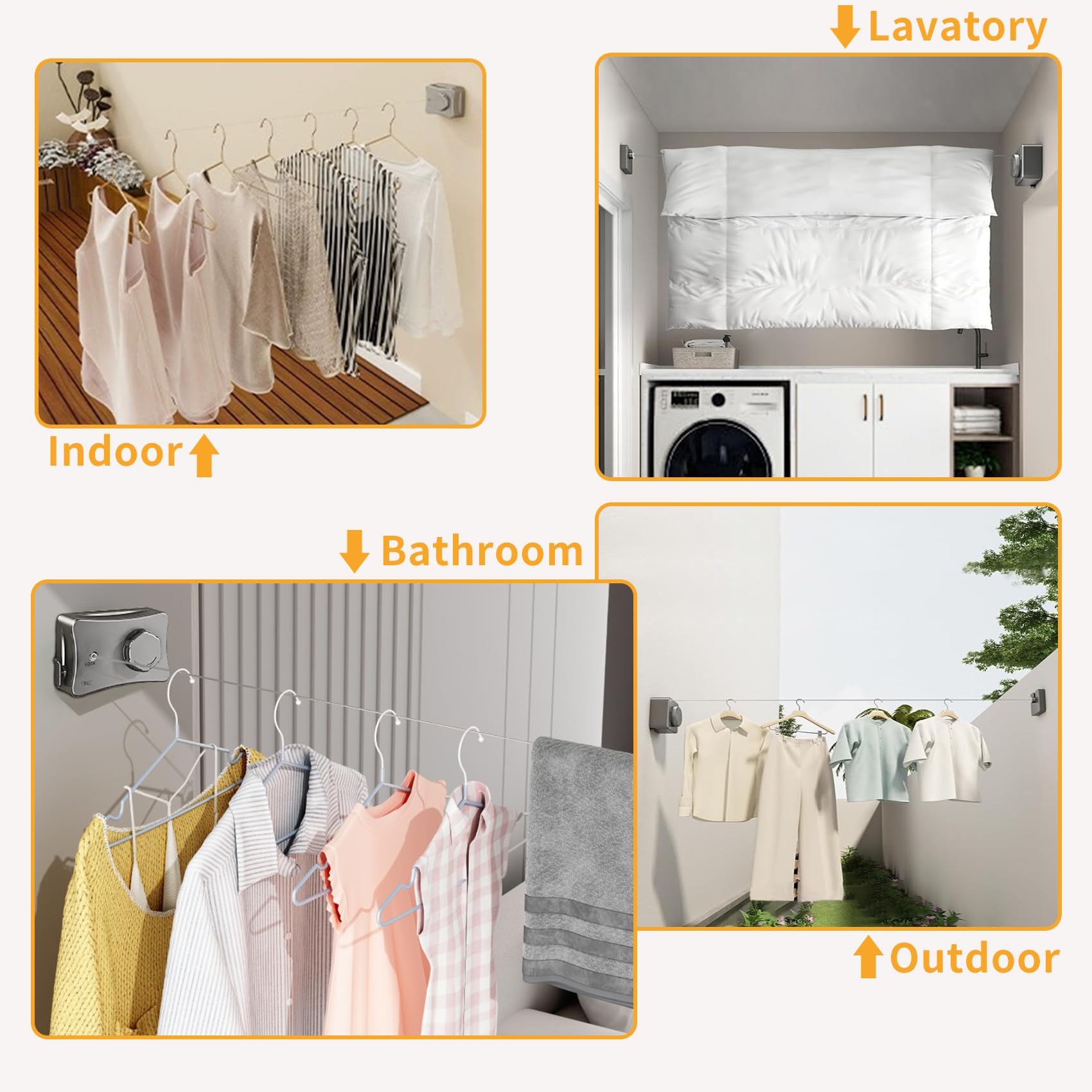 Retractable Clothesline Indoor & Outdoor, Non-Sagging Wall Mounted Drying Rack Clothesline, 16.7 Ft Stainless Steel Wire Double Clothes Lines, Hanging Clothes line for Balcony, Courtyards(Grey)