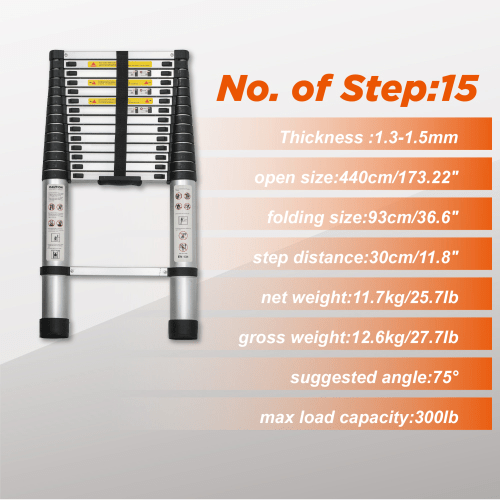 Telescoping Ladder 14.5FT, Telescopic Extension Ladder, Aluminum Alloy Folding Ladder Portable Multi - Purpose for Indoor Outdoor Work, Heavy Duty 300 lbs Load - HomeDIYer