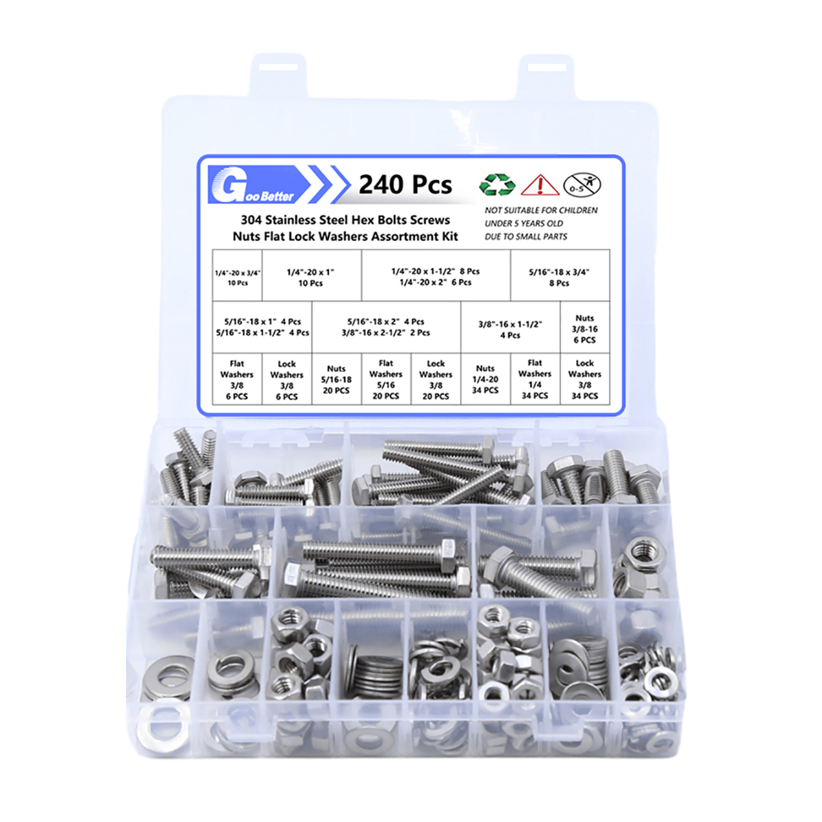 240 Pcs 1/4'' 5/16'' 3/8'' A2 Stainless Steel Hex Bolts Nuts Washers Assortment Kit - HomeDIYer