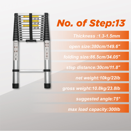 Telescoping Ladder 12.5FT, Telescopic Extension Ladder, Aluminum Alloy Folding Ladder Portable Multi - Purpose for Indoor Outdoor Work, Heavy Duty 300 lbs Load - HomeDIYer