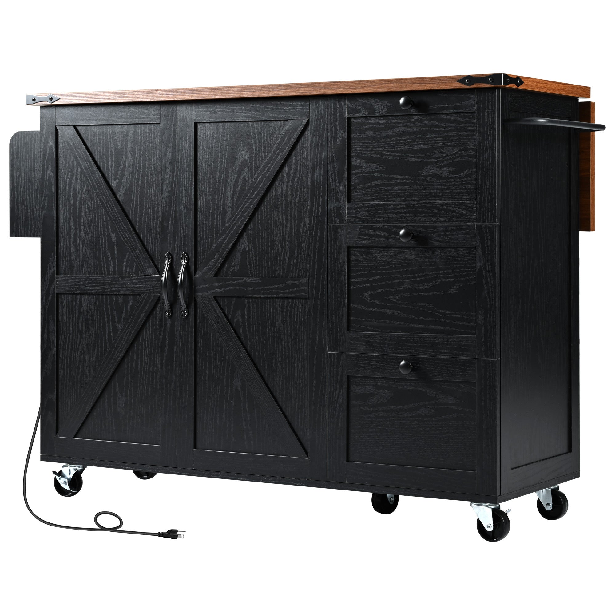 Farmhouse Kitchen Island with Power Outlet & Barn Door Storage 
