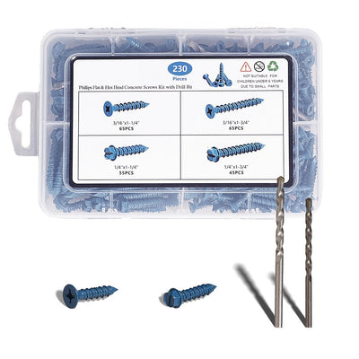 230x Phillips Flach- und Schlitz-Sechskant-Betonschrauben mit Unterlegscheibe 1/4″ und 3/16″ Blau