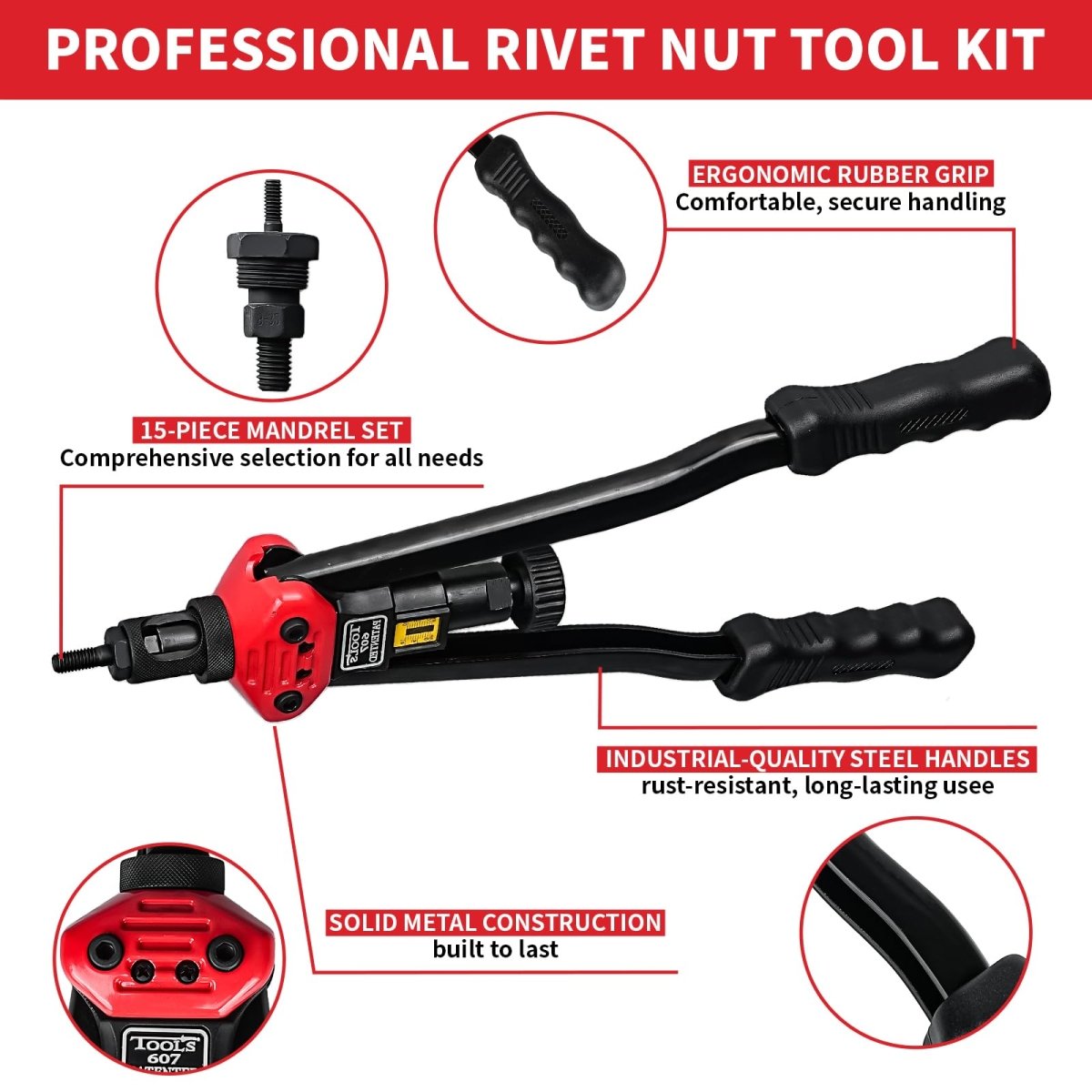 Rivet Nut Tool Kit, 16 - Inch Rivnut Tool with 15 Metric & SAE Mandrels and Rivet Nut Gun, 200pcs Rivnut Tool Kit Assortment, Nutsert Tool Kit with Carrying Case - HomeDIYer