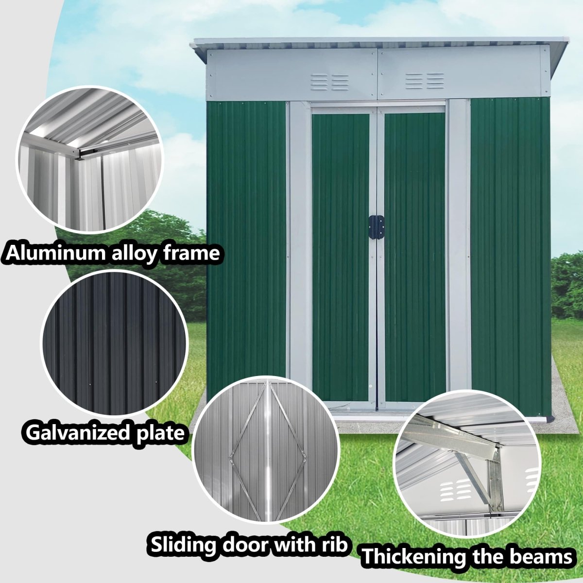 5x3FT Outdoor Storage Shed | Green & White Metal Tool Shed with Sliding Door - HomeDIYer