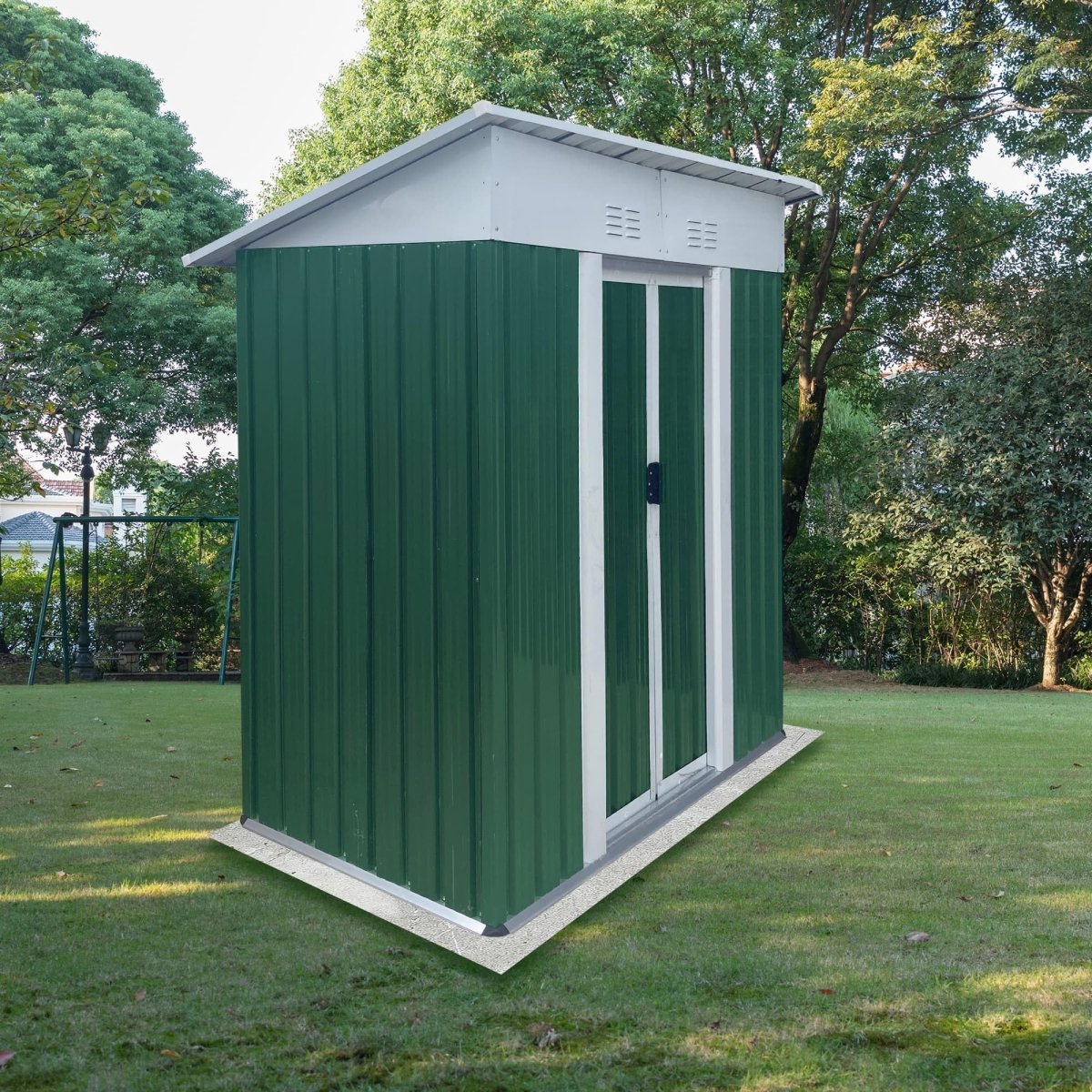 5x3FT Outdoor Storage Shed | Green & White Metal Tool Shed with Sliding Door - HomeDIYer