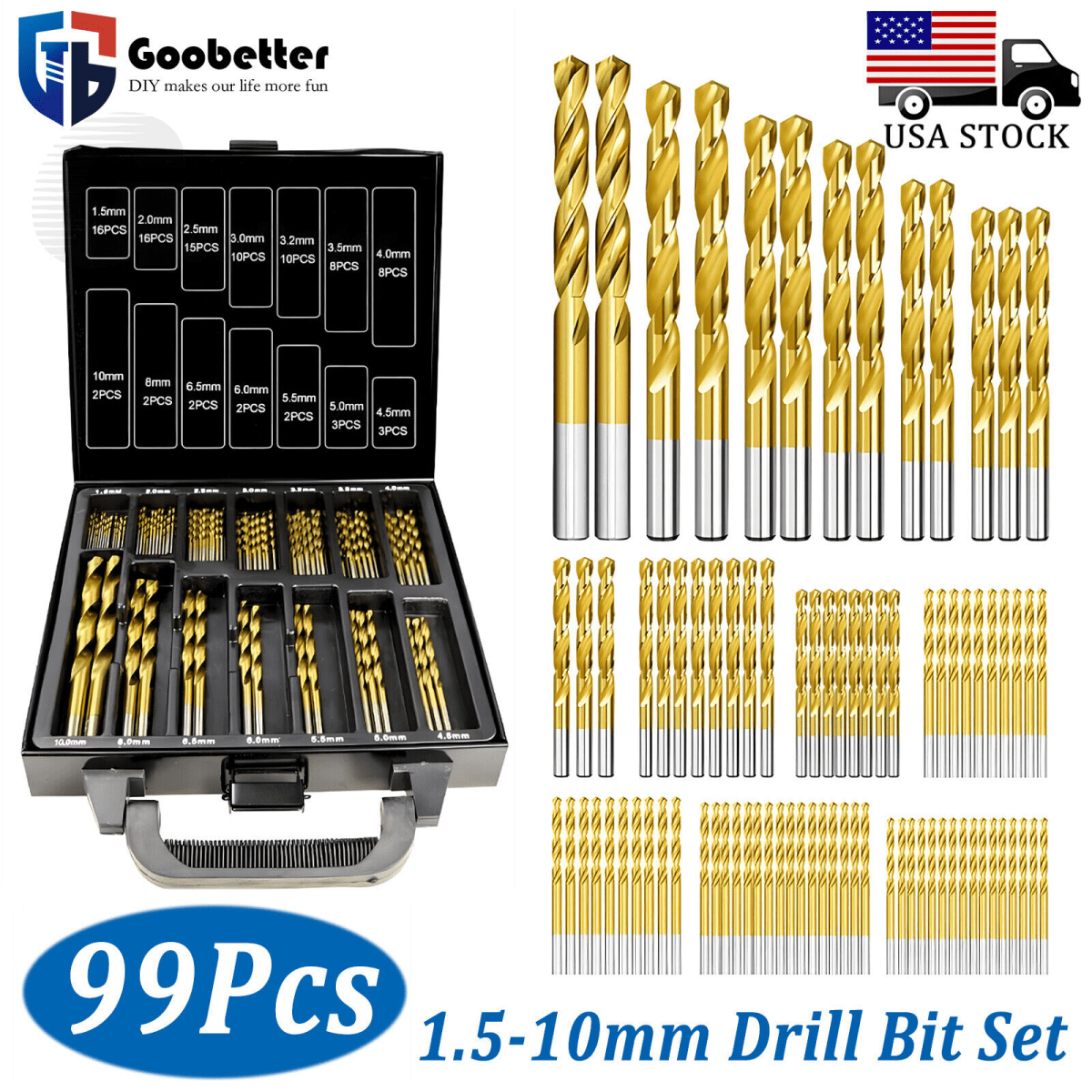 HSS Twist Drill Bit Set 1.5 - 10mm Titanium Hole Saw Tools DIN338 Metal Drill 99Pc - HomeDIYer