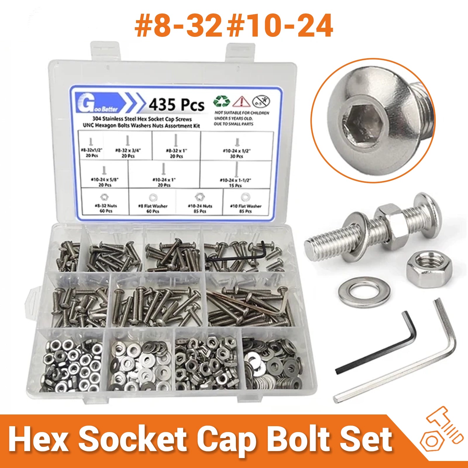 #8 #10 Hex Socket Cap Head Bolts Nuts Assortment Kit A2 Stainless Steel 435 Pcs