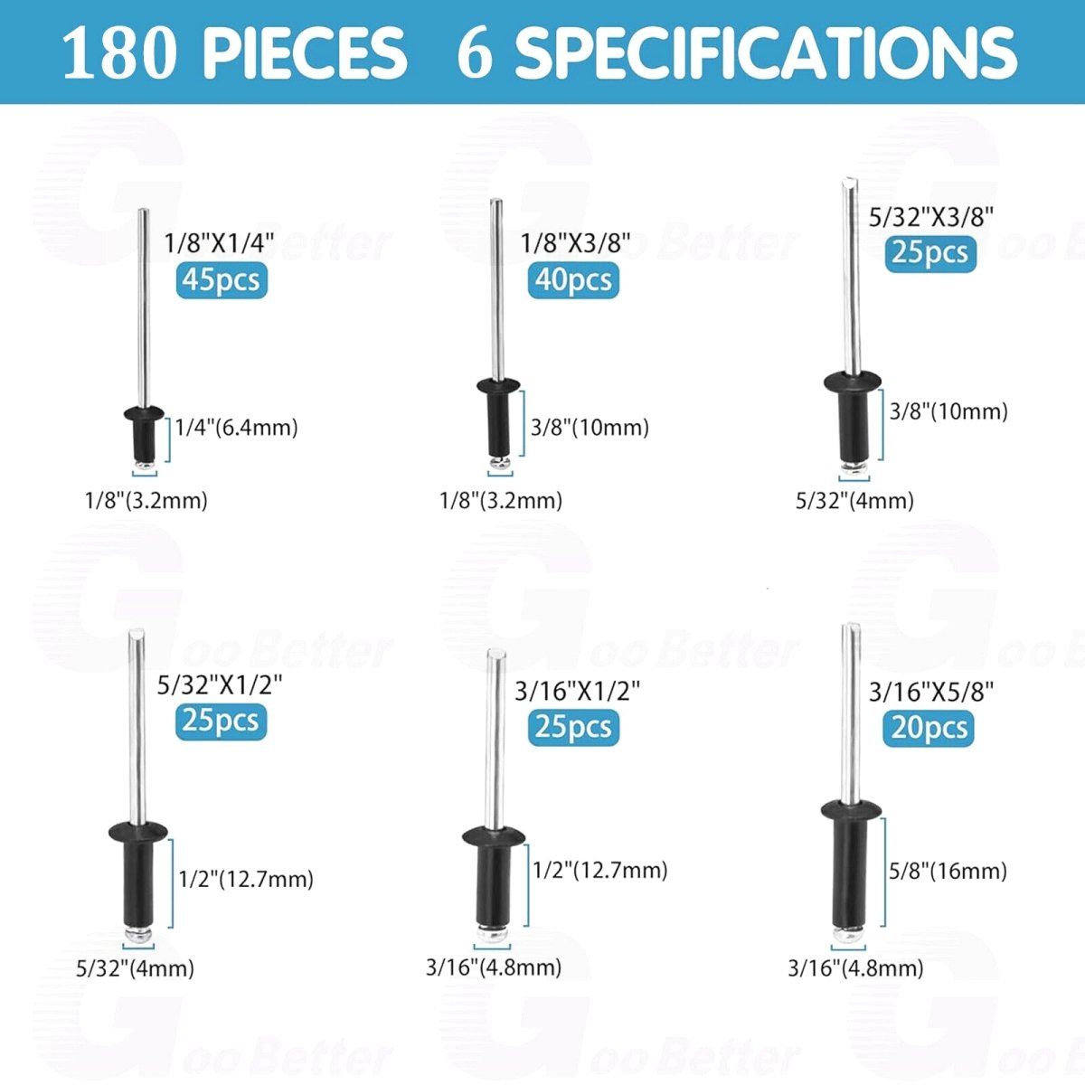 180Pcs Aluminum Dome Head Blind Pop Rivet Assortment Set 6 Sizes 5/32 3/16'' 1/8'' - HomeDIYer