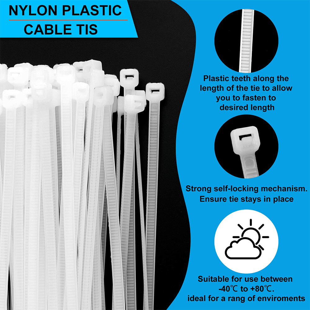 60 - 500mm Length Cable Ties Nylon Zip Tie Self - locking Best Quality White/Black - HomeDIYer