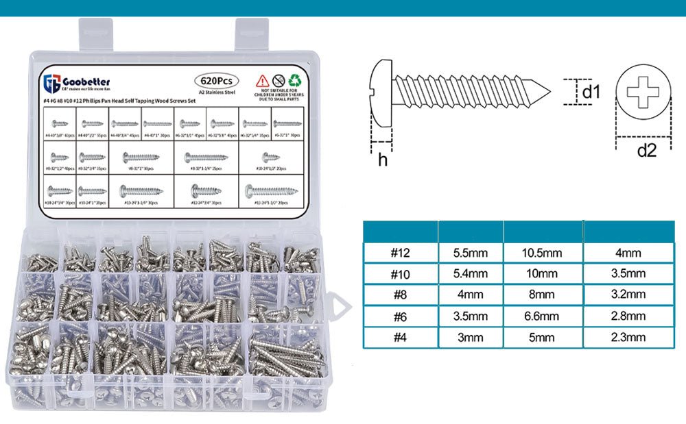620Pcs Stainless Steel Pan Head Tapping Self Wood Screws Assortment Set - HomeDIYer