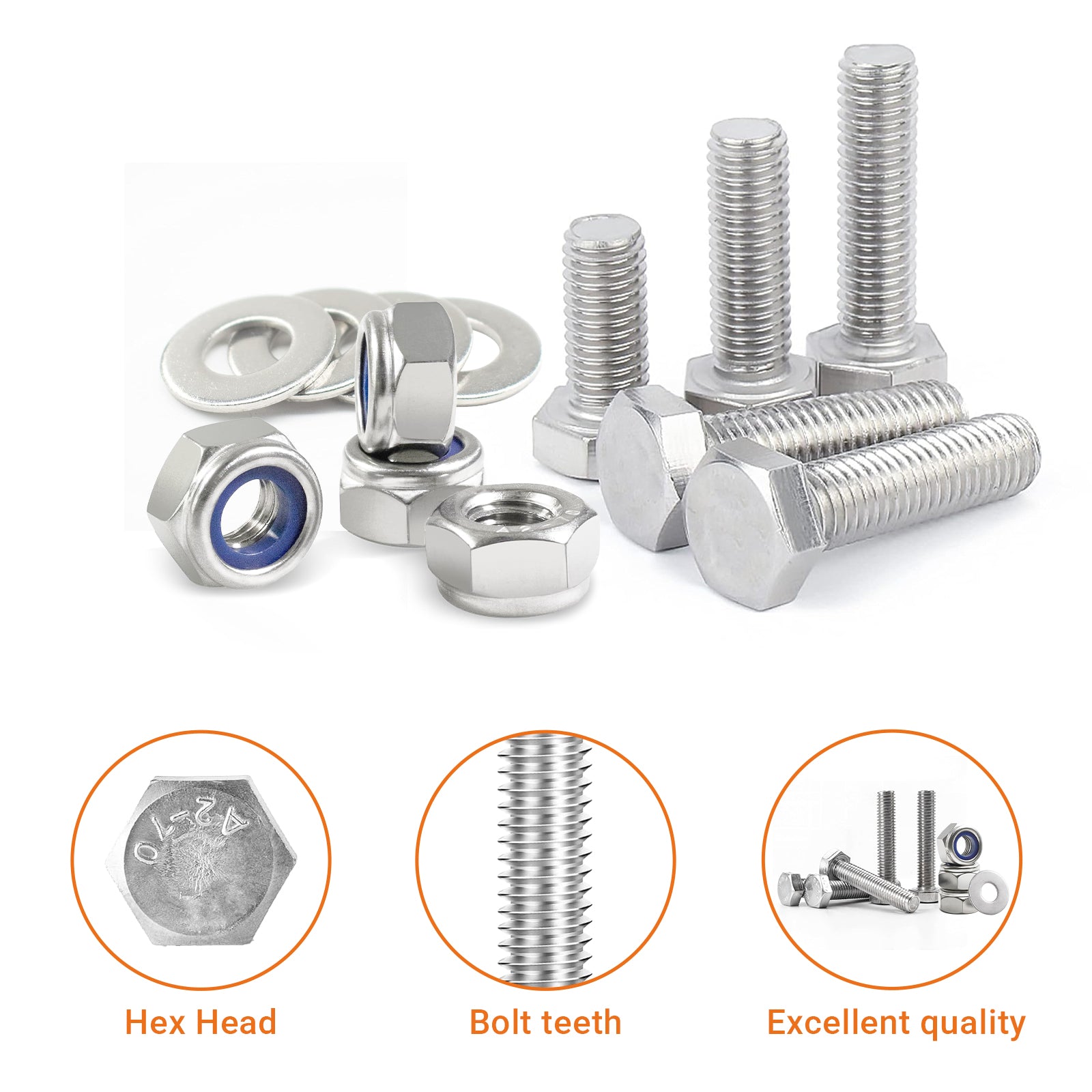 A2 Stainless Hexagon Set Screws with Nyloc Nuts & Washers – Fully Threaded Bolts M3 to M12