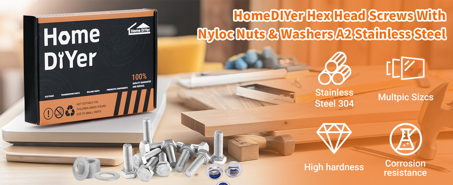 A2 Stainless Hexagon Set Screws with Nyloc Nuts & Washers – Fully Threaded Bolts M3 to M12