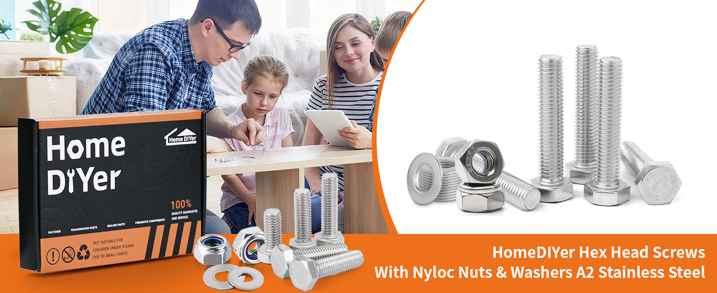 A2 Stainless Hexagon Set Screws with Nyloc Nuts & Washers – Fully Threaded Bolts M3 to M12