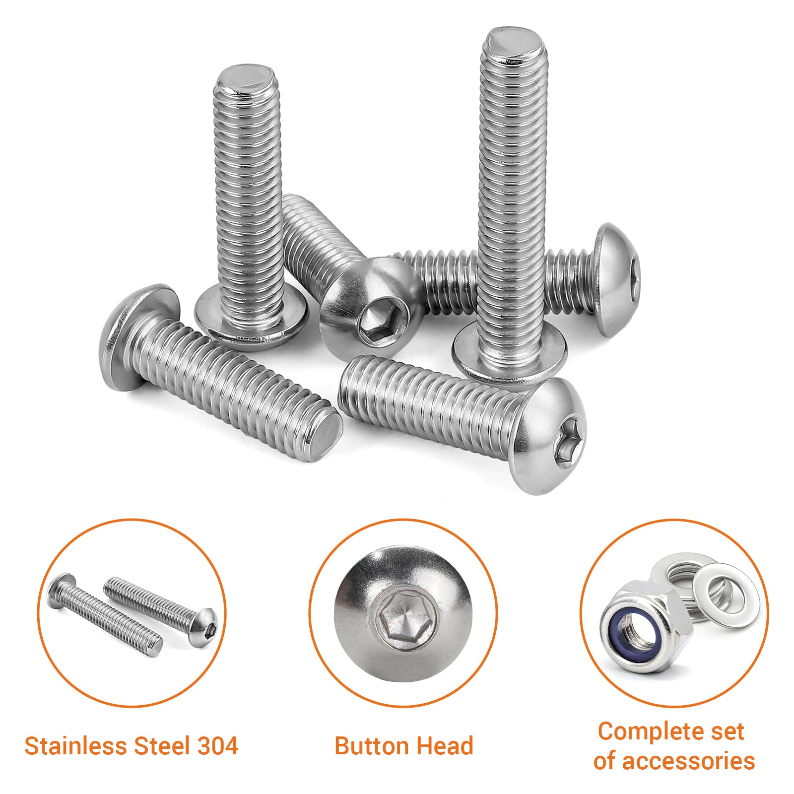 A2 Stainless Steel Button Head Allen Screws with Nyloc Nuts & Washers – Complete Kits M4 M5 M6