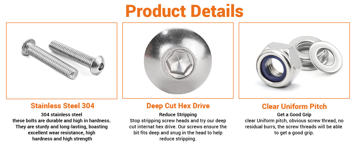 A2 Stainless Steel Button Head Allen Screws with Nyloc Nuts & Washers – Complete Kits M4 M5 M6