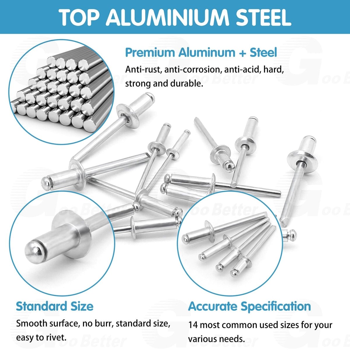 200pcs Pop Rivets Assortment Kit Aluminum Blind Rivets 8 Sizes 1/8'' 3/16'' 1/4'' - HomeDIYer