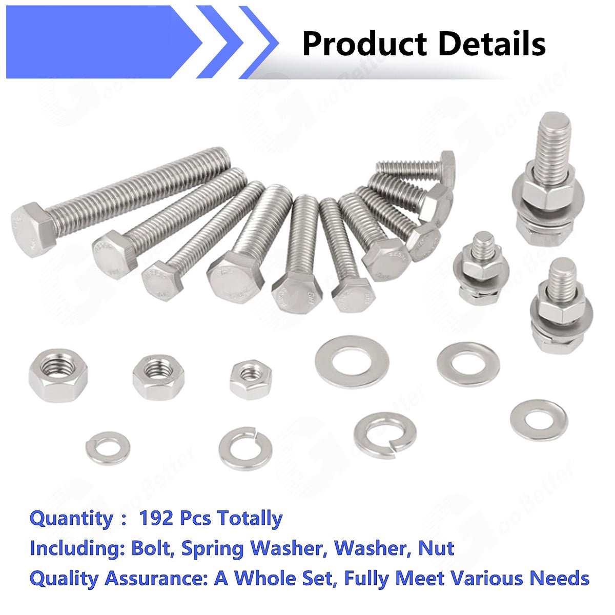 192Pcs 1/4'' - 20 Hex Head Bolts And Nut & Washer Assortment Kit A2 Stainless Steel - HomeDIYer