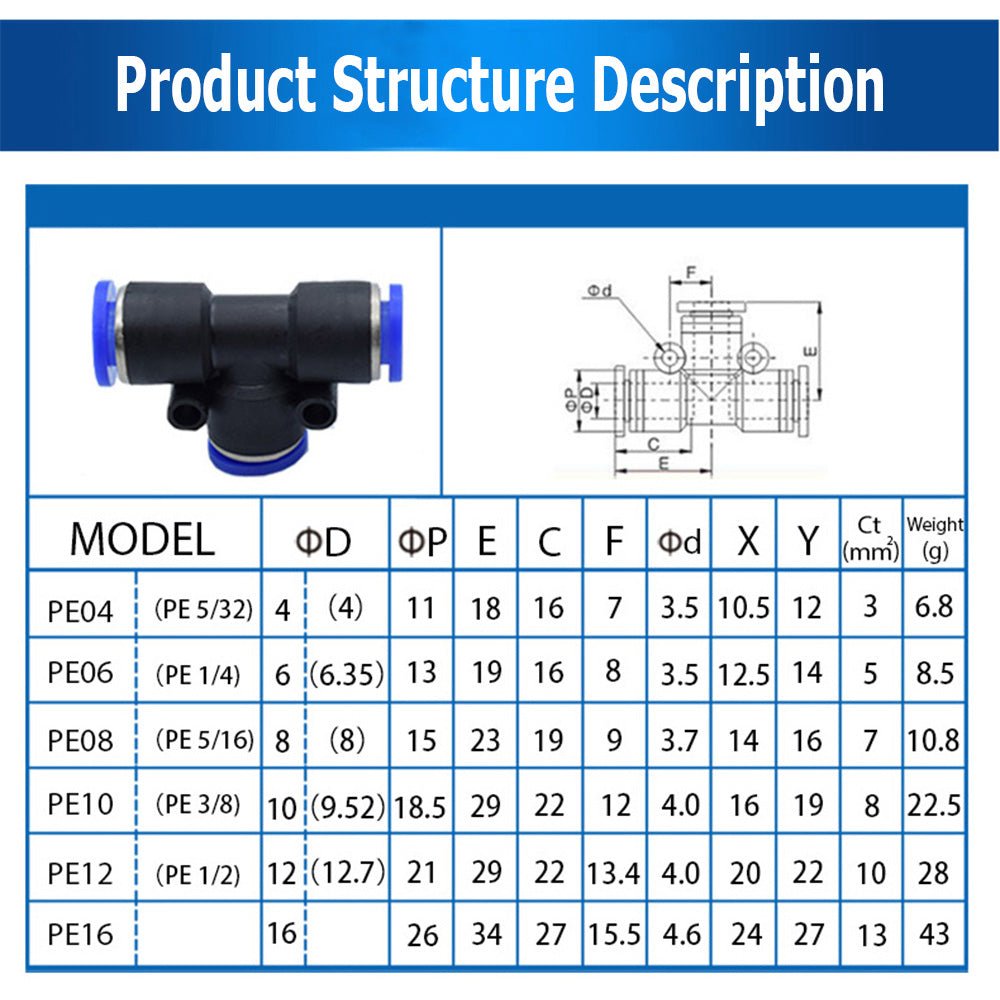 Pneumatic Push In Fitting - T Shape 3 Way Connector 1/6" - 5/8" For Air Water Pipe - HomeDIYer