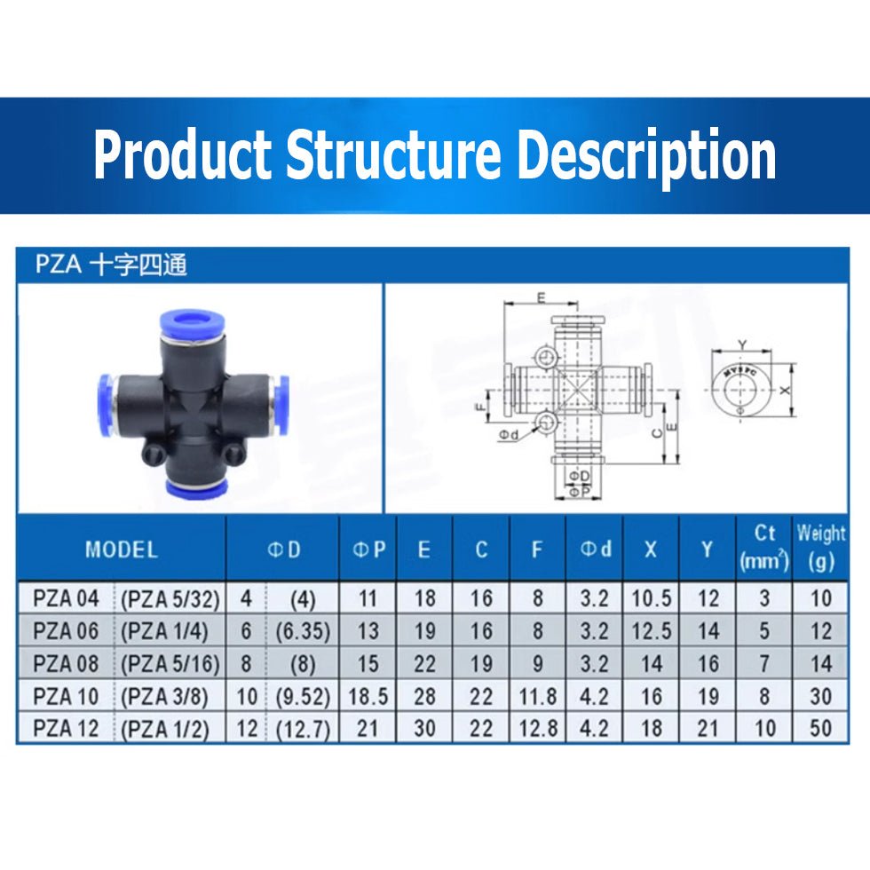 Pneumatic Push In Fitting Air Water Pipe - Equal 4 Way Connector 4 - 6 - 8 - 10 - 12mm - HomeDIYer