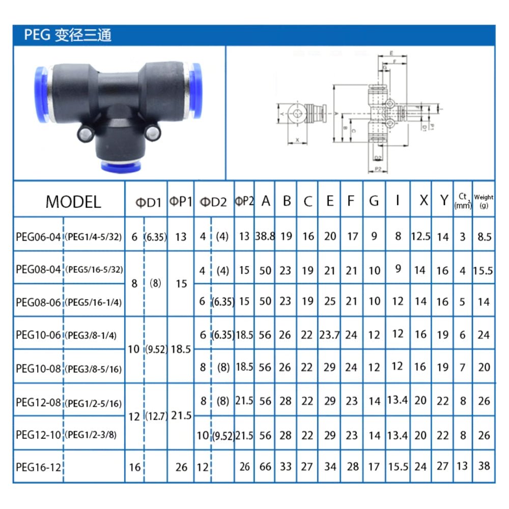 Pneumatic Push - In Fitting Air Water Hose Joiner 'T' 3 Way Connector - Reducer - HomeDIYer