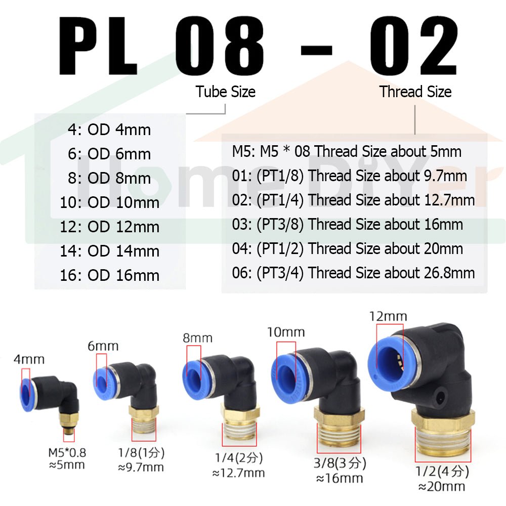 Pneumatic Push In Fitting 1/8" - 3/4" Male Elbow Connector for Air Water Hose Tube - HomeDIYer