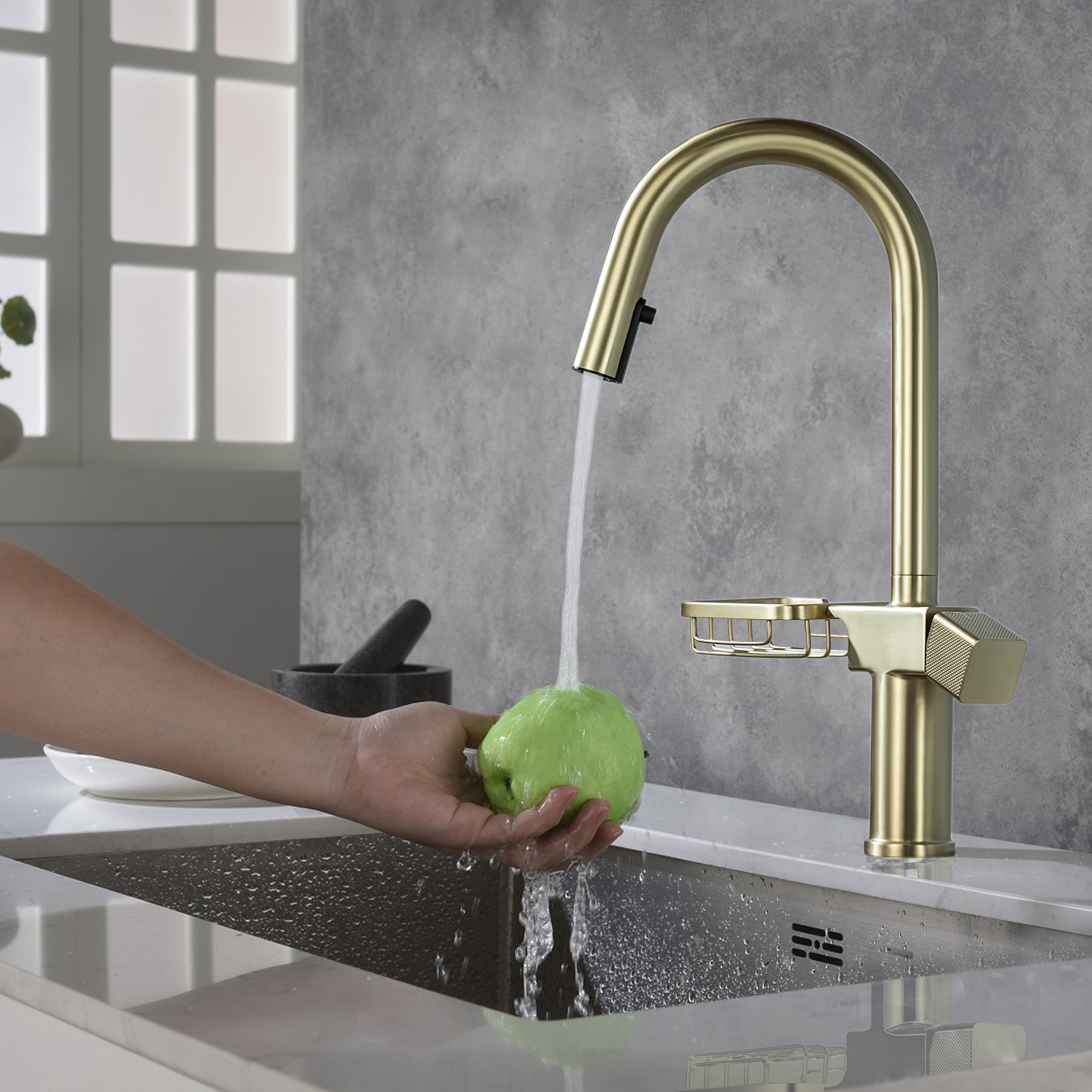High Arc Pull-Down Kitchen Faucet - Single Hole Stainless Steel, Modern Sink Faucet (Brushed Gold)