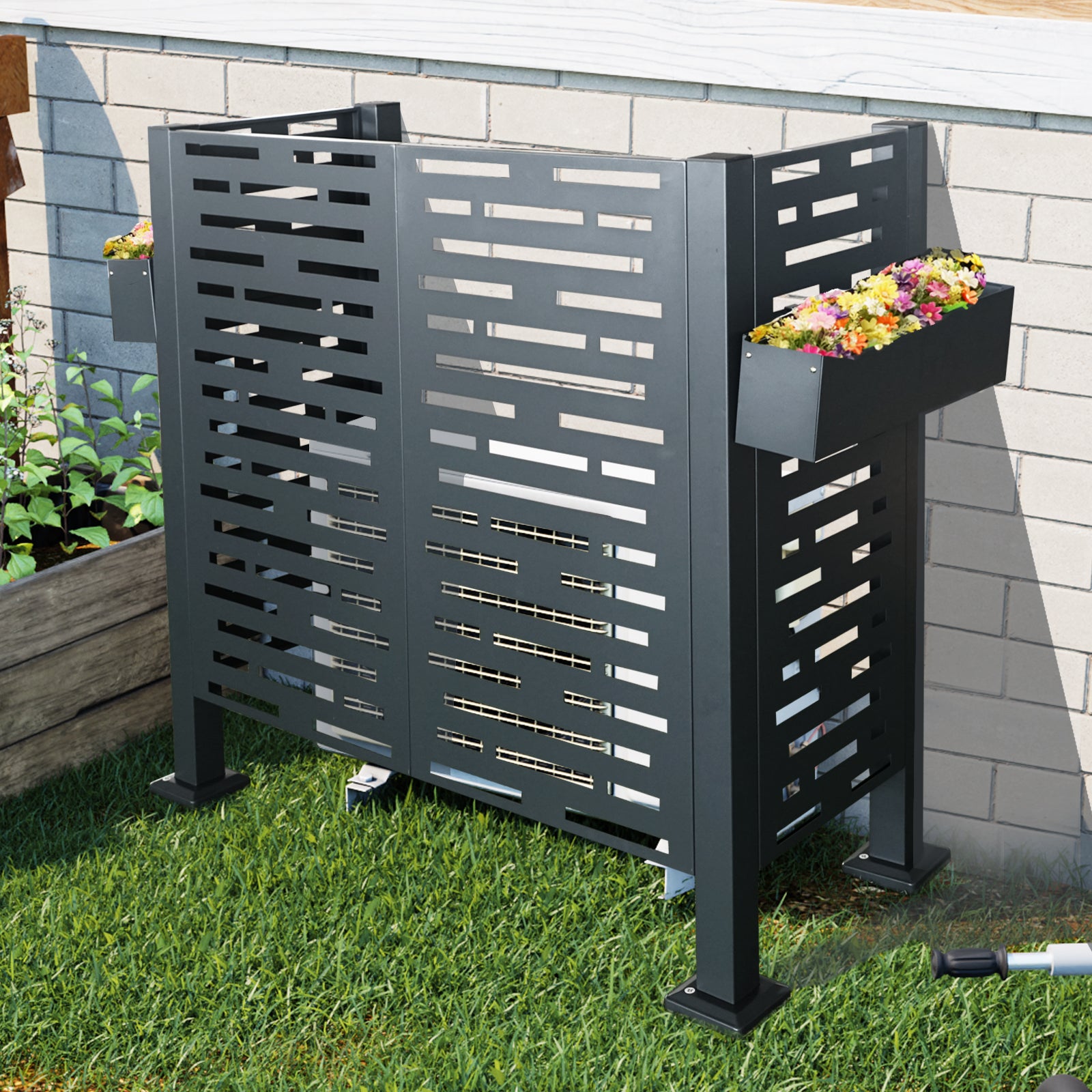 4 x 2 FT Metal Air Conditioner Privacy Fence with Flower Boxes — Charcoal, Freestanding AC Cover