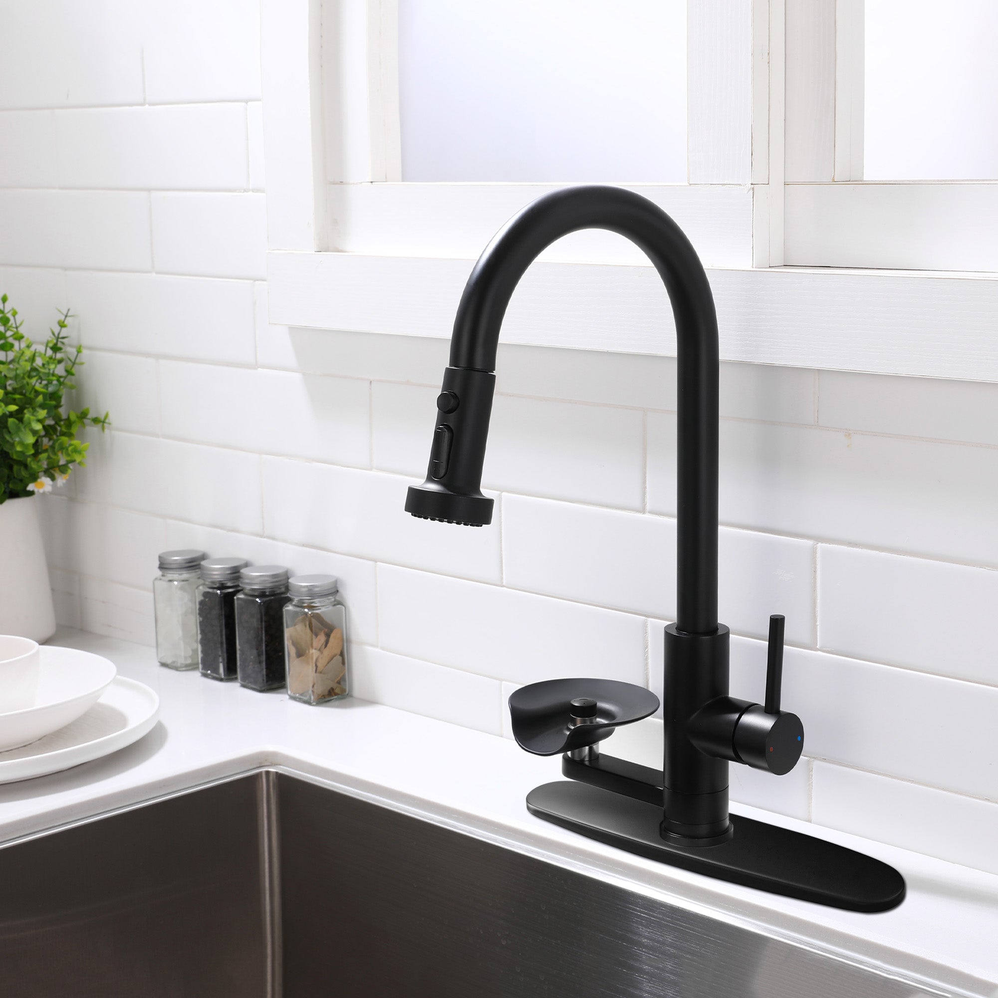 3-in-1 Kitchen Faucet with Press-Type Glass Rinser, High-Arc Pull-Down Sprayer Faucet, 3 Function Spray Mode, Matte Black Finish, for Modern Kitchen Sink