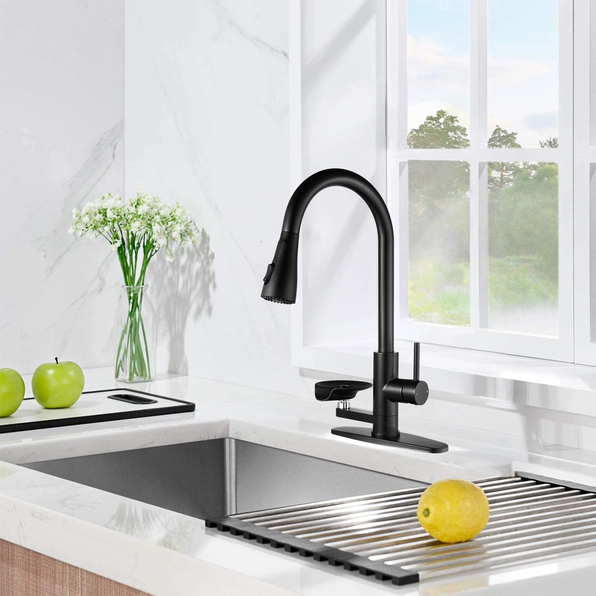 3-in-1 Kitchen Faucet with 3-Color LED Temperature Display, Press-Type Glass Rinser, High-Arc Pull-Down Sprayer, 3 Spray Modes, Matte Black Finish for Modern Kitchen Sink