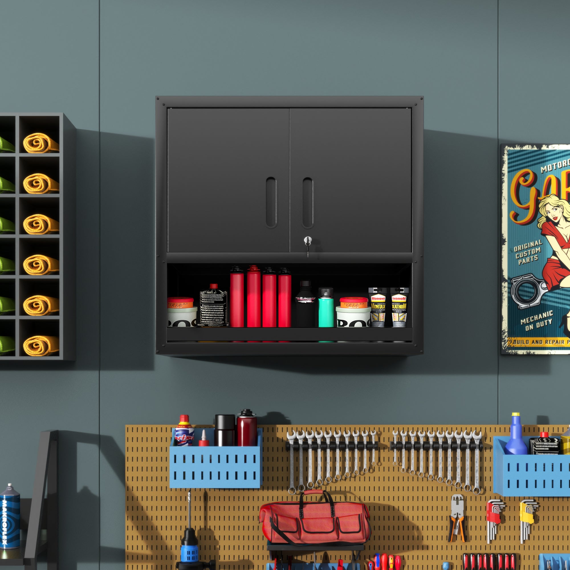Metal Wall-Mounted Tool Storage Cabinet – Locking Door & Open Drawer for Garage, Warehouse, Office