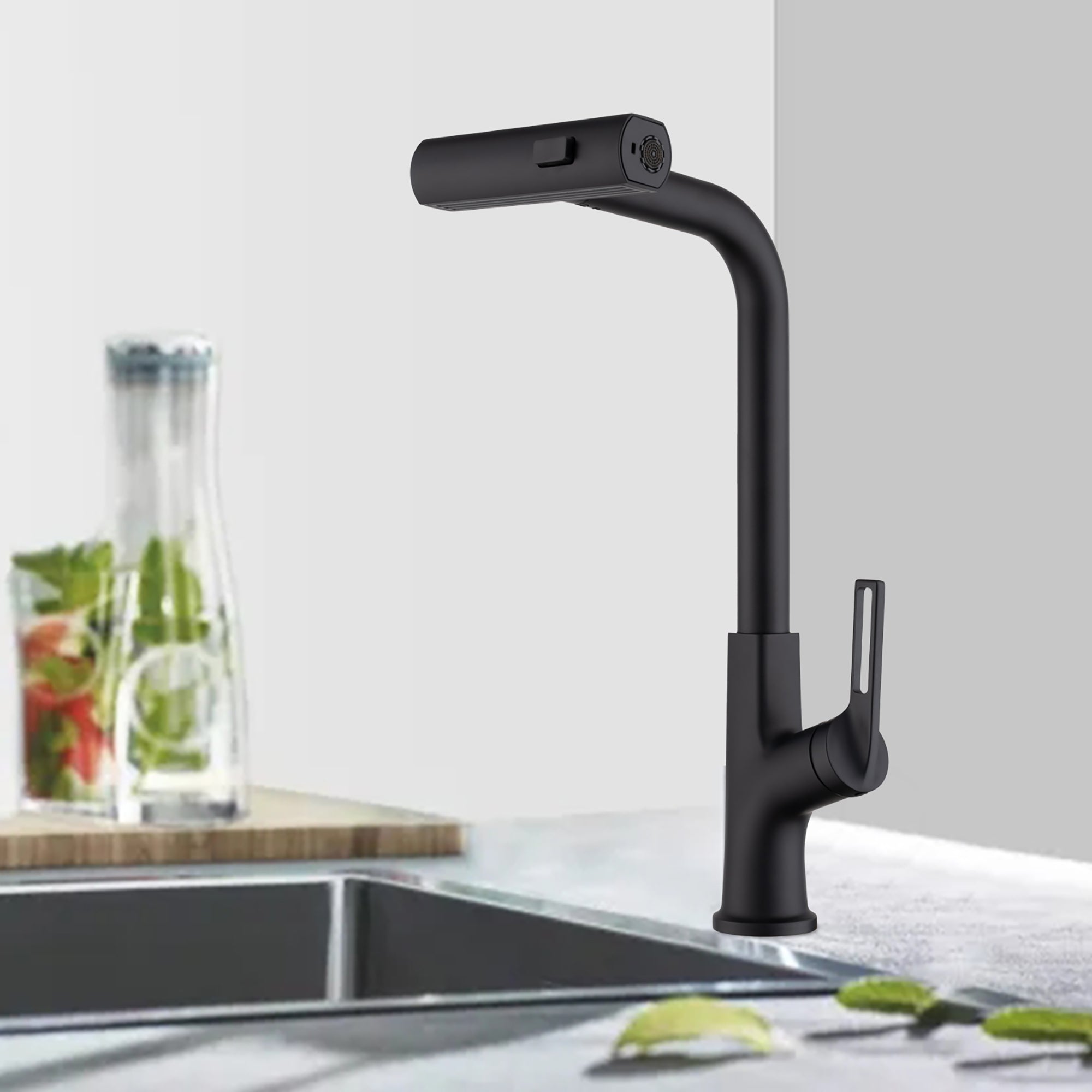 Kitchen waterfall faucet with pull down sprayer, single handle kitchen sink faucet with pull out sprayer, 360° rotating kitchen faucet