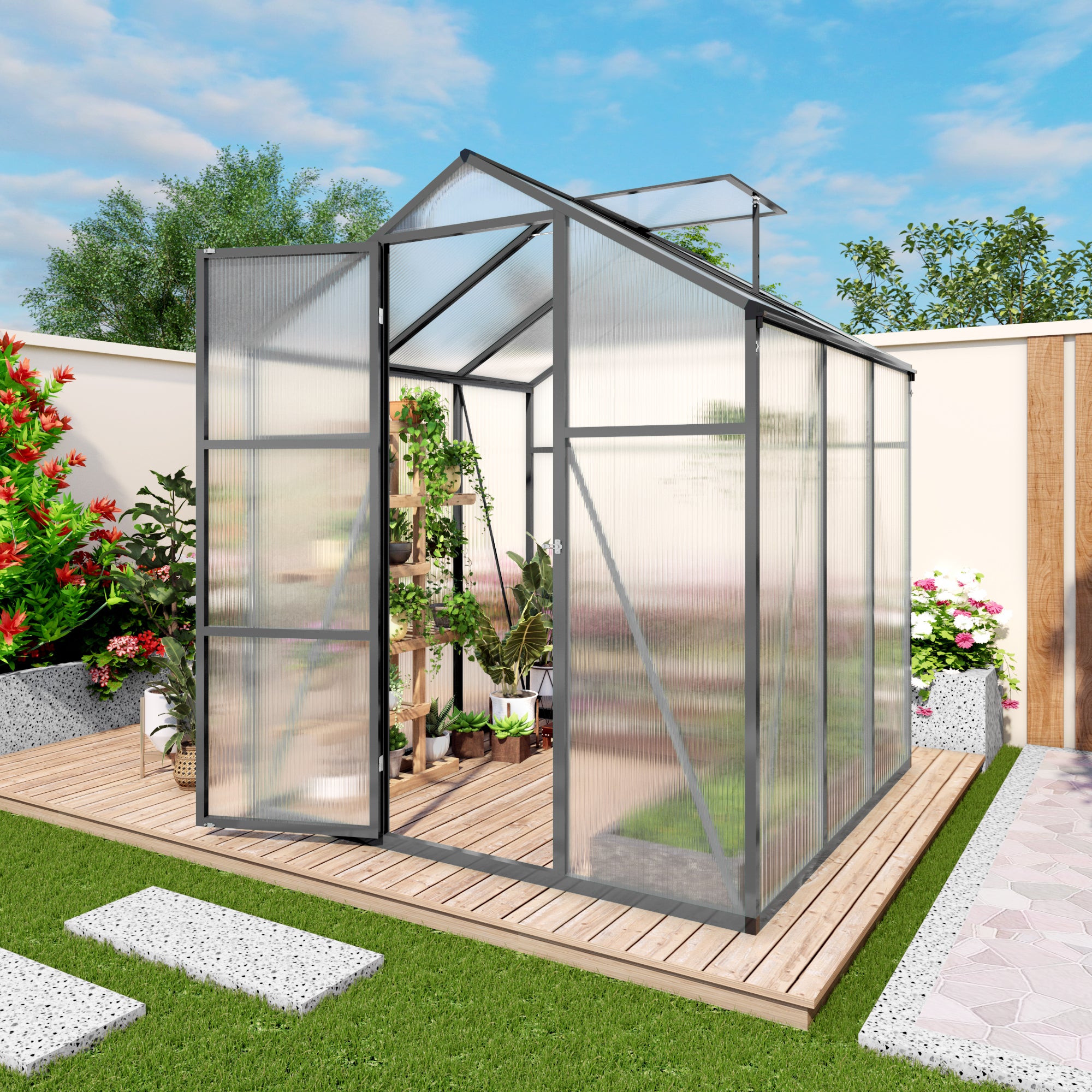 6ft x 6ft Heavy‑Duty Aluminum Walk‑In Greenhouse — Raised Base Polycarbonate Panels & Drainage System Black