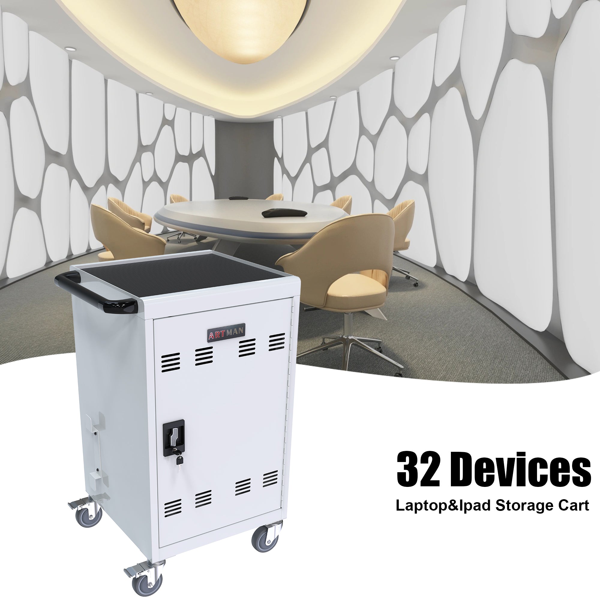 30+2Bay Mobile School Charging Cart Station for Chromebook, Tablet and Laptop Computer with Power Strip Included, Assembly Required-WHITE