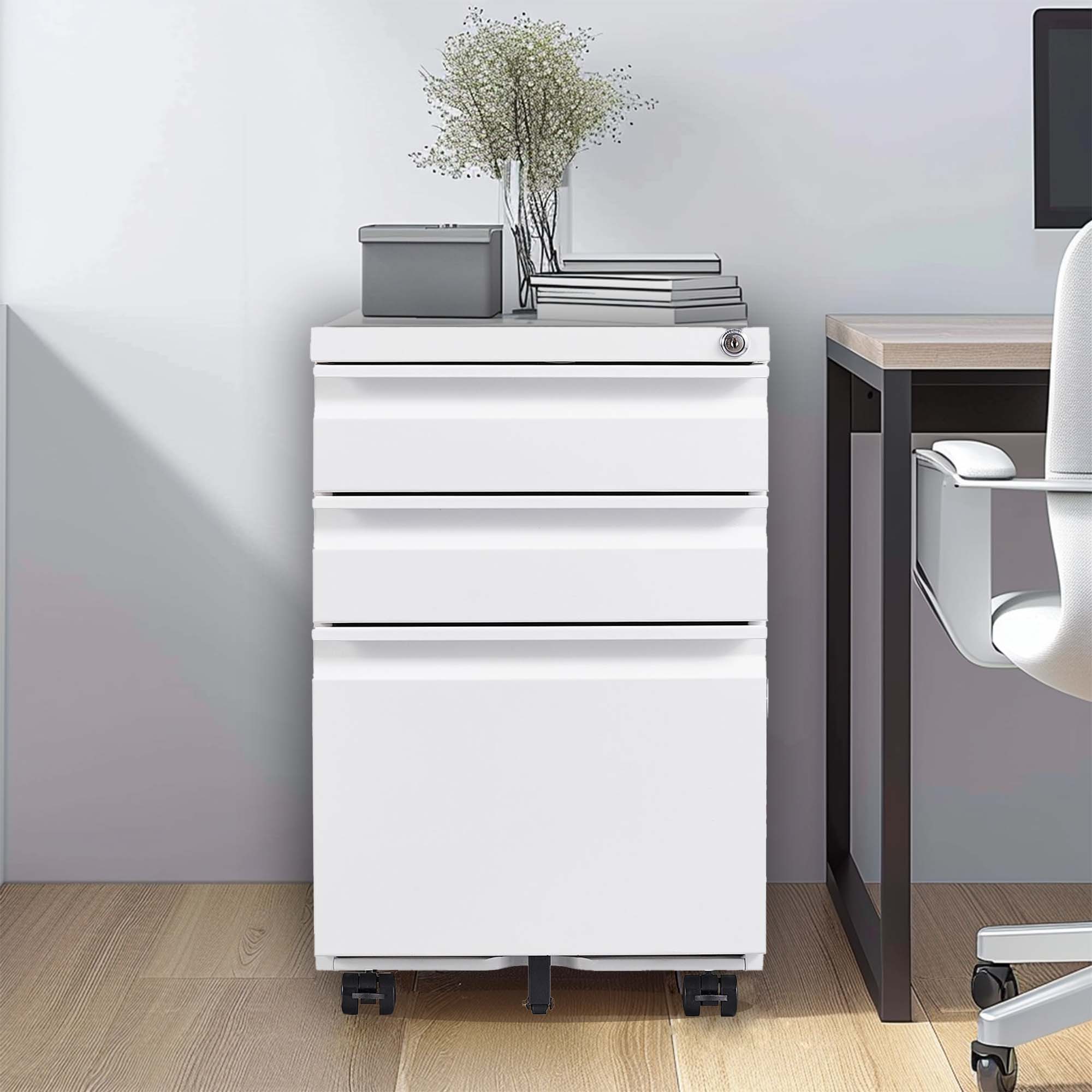 3 Drawer Mobile File Cabinet with Lock,Metal Filing Cabinets for Home Office Organizer Letters/Legal/A4,Fully Assembled Except Wheels,White