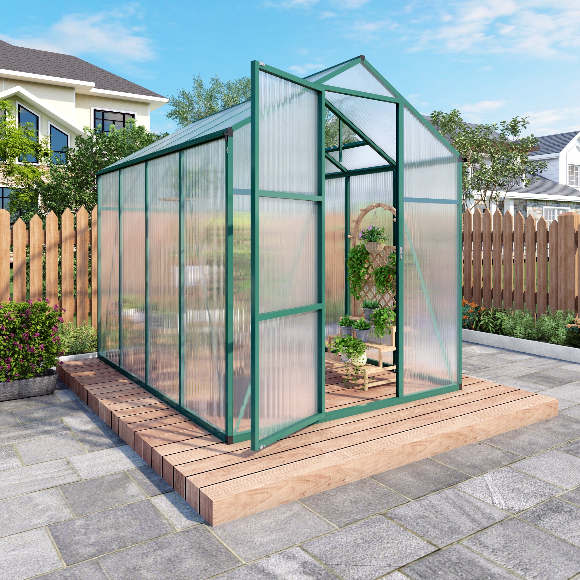 6ft x 8ft Heavy‑Duty Aluminum Walk‑In Greenhouse — Wind‑Resistant Polycarbonate Panels with Raised Base & Drainage System Green