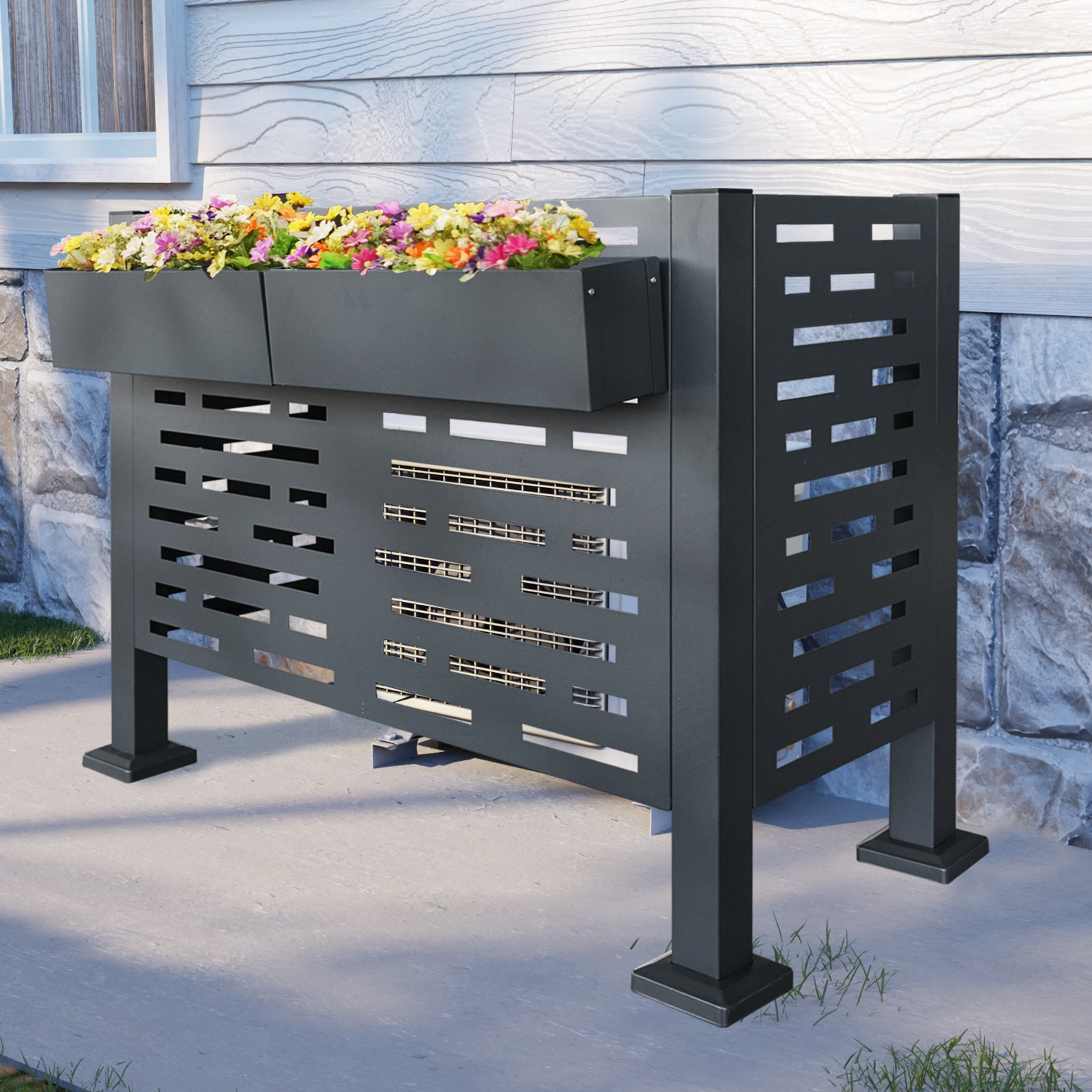 4 x 2 FT Metal Air Conditioner Privacy Fence with Flower Boxes — 3‑Panel Charcoal AC Cover, Freestanding