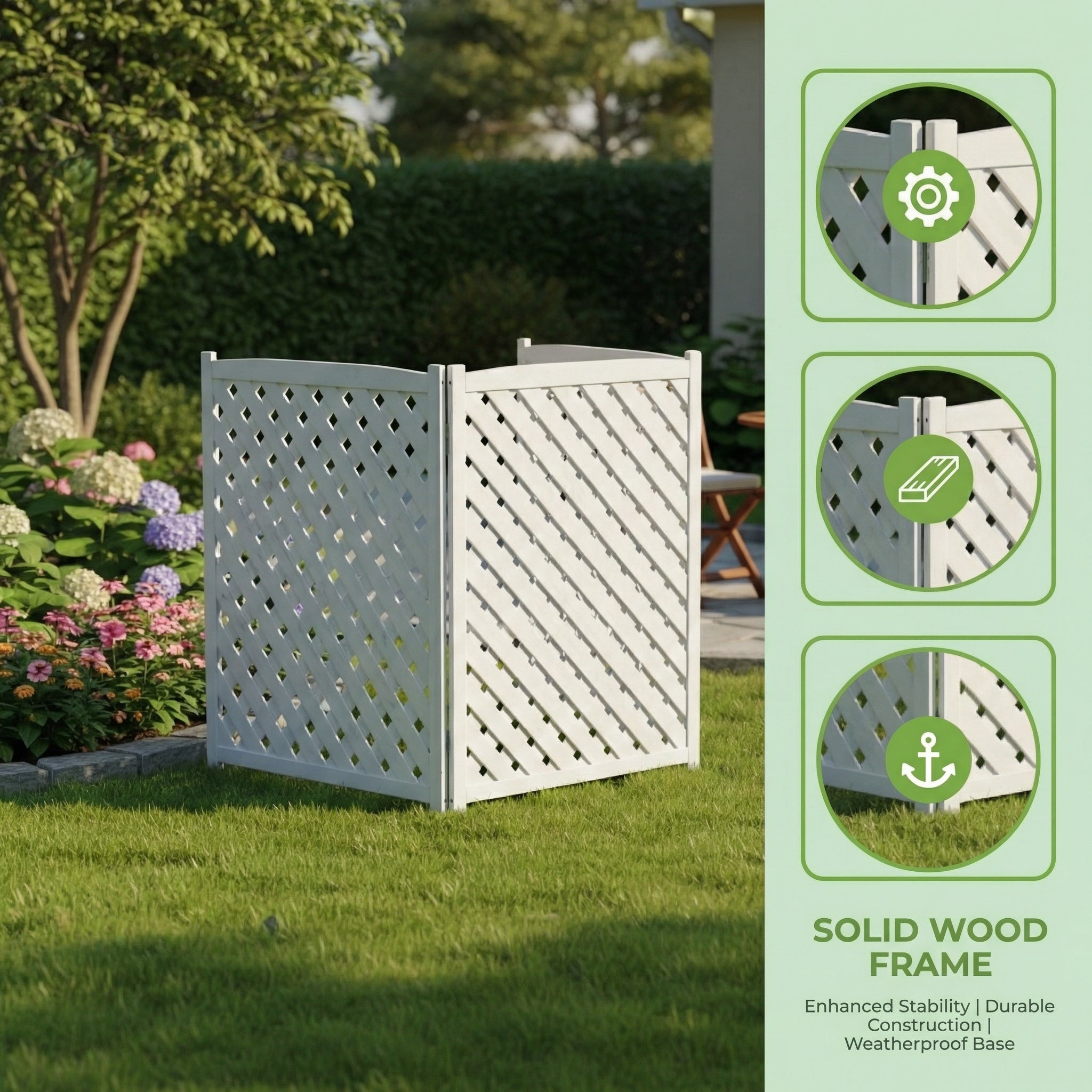3‑Panel Solid Wood Outdoor Privacy Screen — 32" W x 38" H, AC Fence, Trash Can Enclosure, White