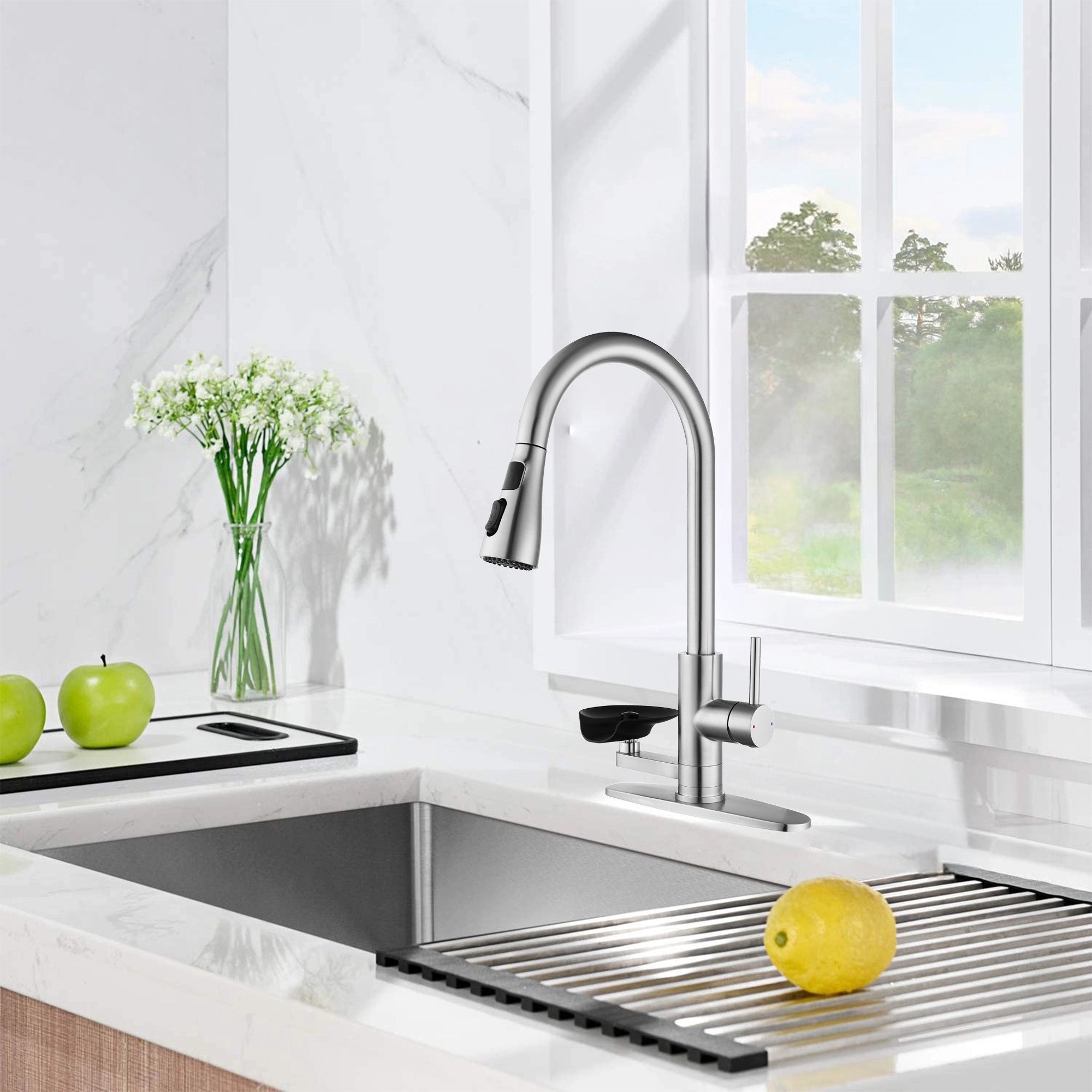 3-in-1 Kitchen Faucet with 3-Color LED Temperature Display, Press-Type Glass Rinser, High-Arc Pull-Down Sprayer, 3 Spray Modes, Brushed Nickel Finish for Modern Kitchen Sink
