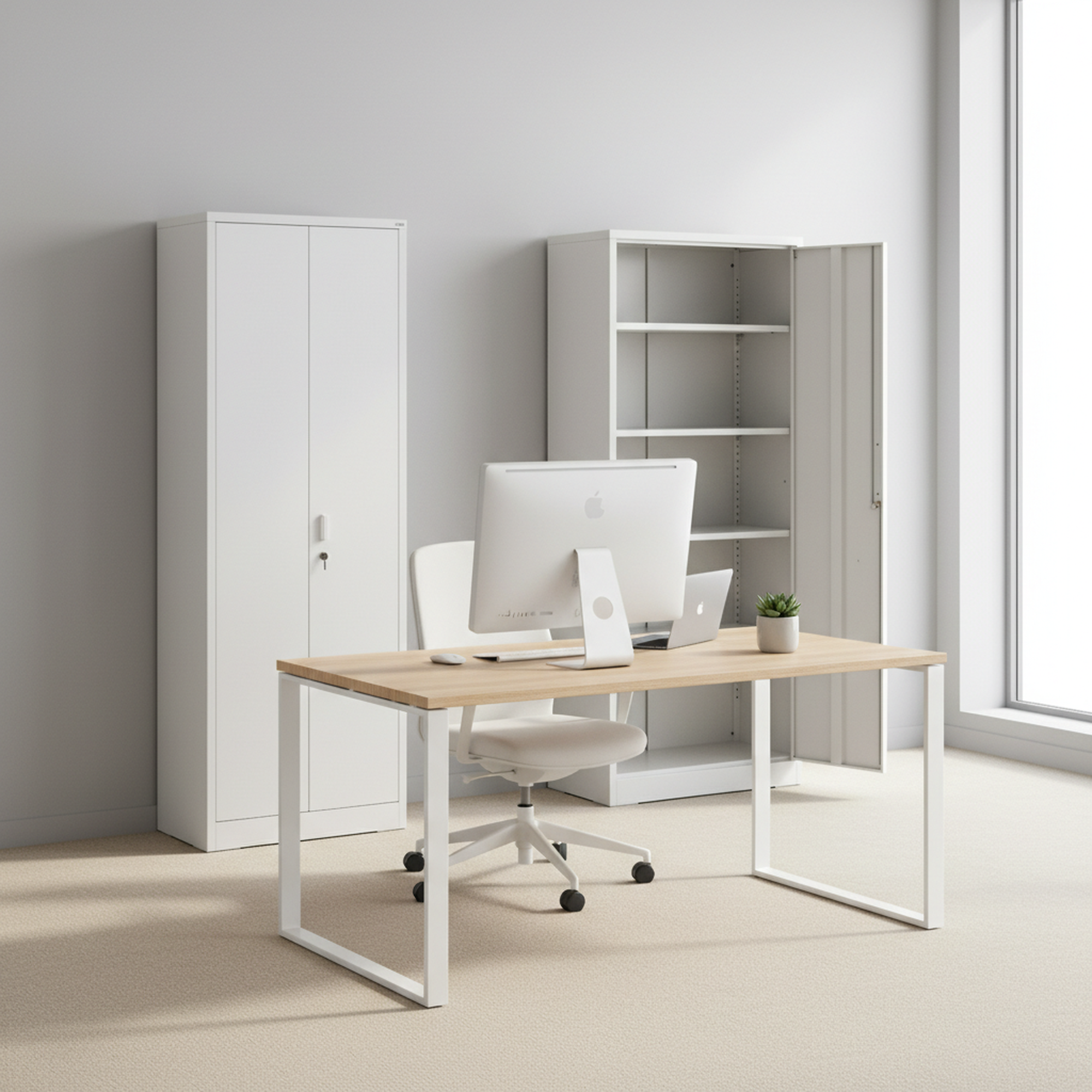 Container Furniture Direct Ironclad 71" Metal Storage Cabinet with Locking Doors and 4 Adjustable Shelves, Heavy-Duty Steel Cabinet for Garage, Laundry, Office, or Warehouse, Cream White