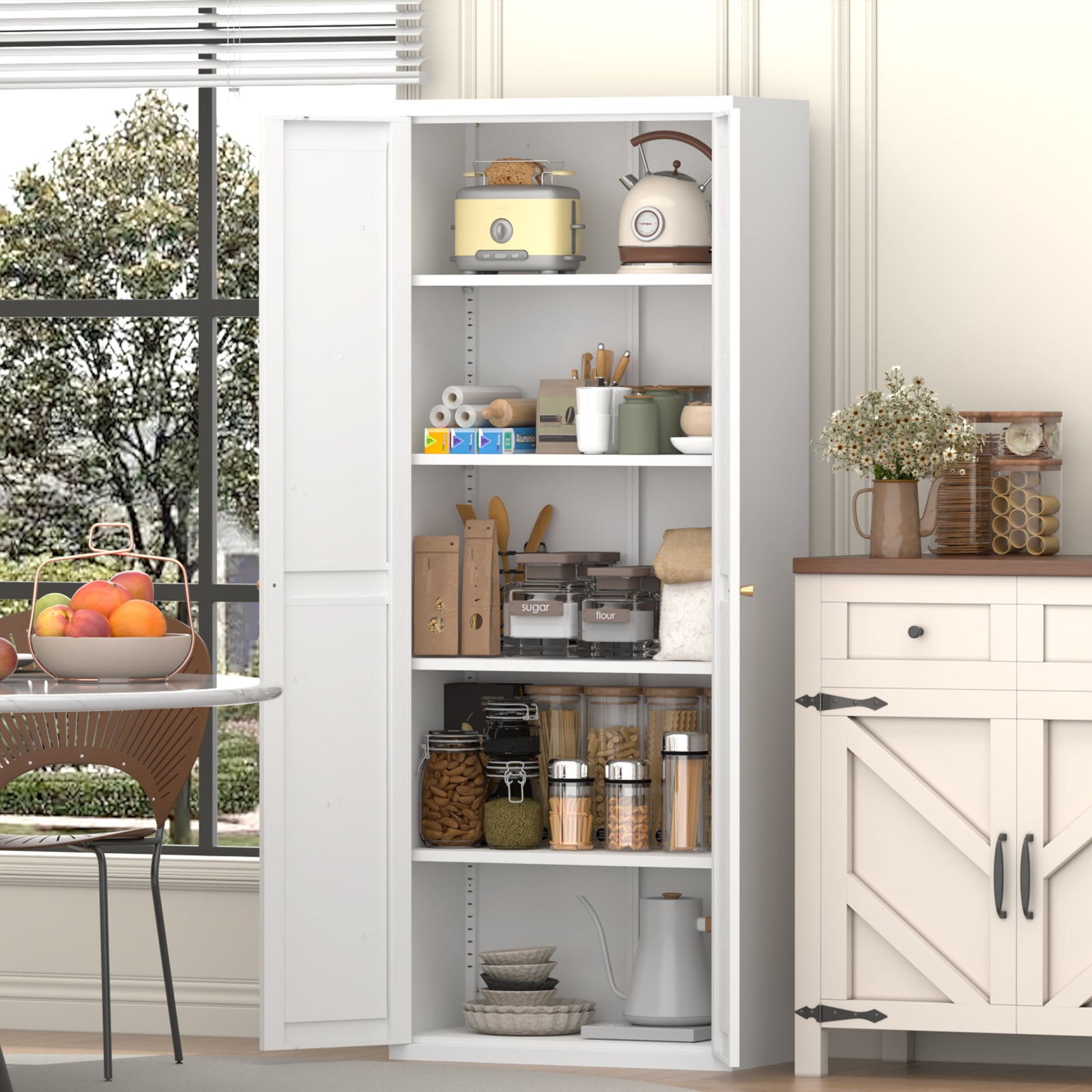 Metal Adjustable 2 Doors Metal Storage Cabinet Kitchen Pantry Cabinet With Adjustable Shelves Tall Steel Cabinet Locker For Kitchen, Living Room, Dining Room And Office