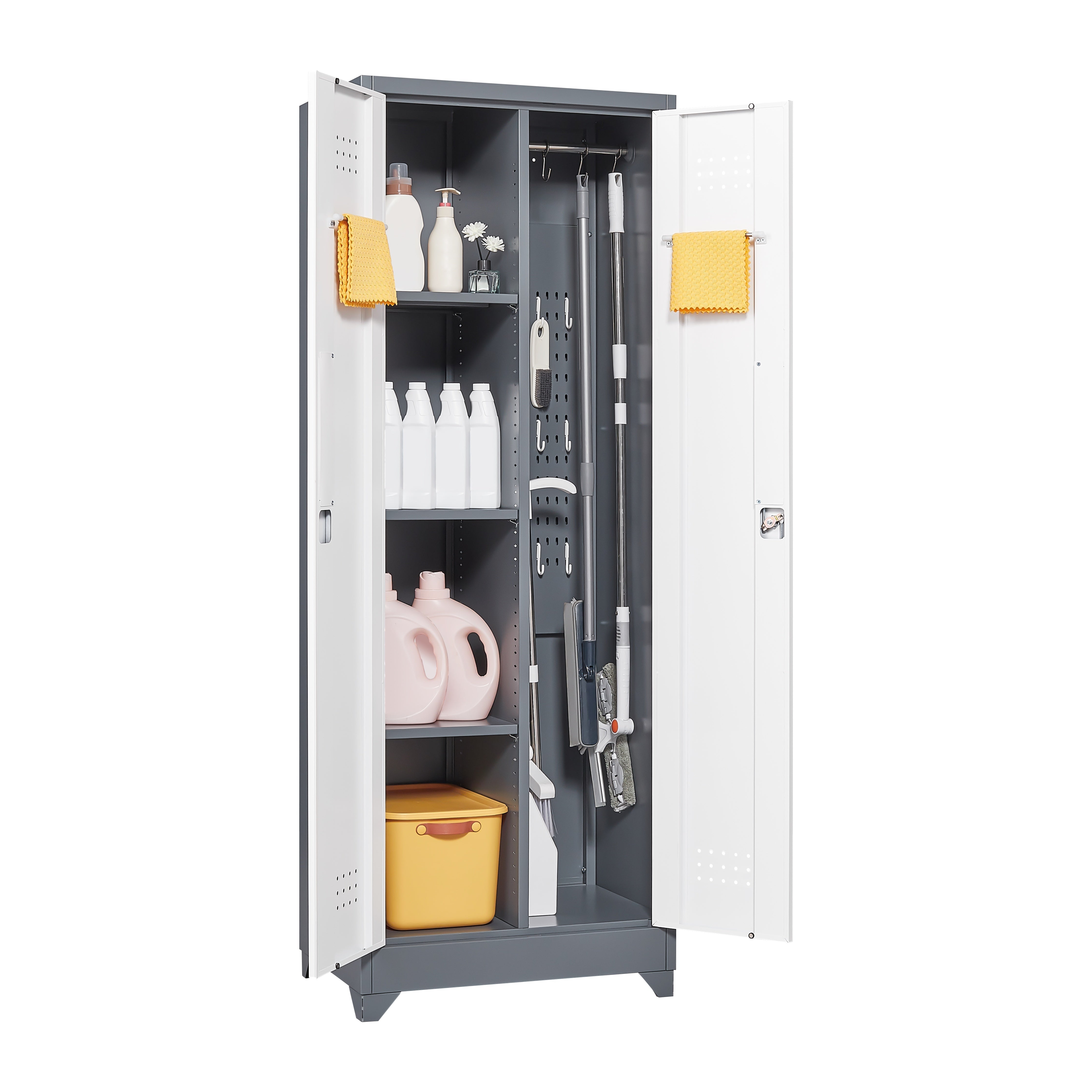 Broom Storage Cabinet With Locking Doors And Shelves, 65" H Metal Storage Cabinet With Hanging Rod & S-Hooks, Cleaning Tool Storage Cabinet Grey