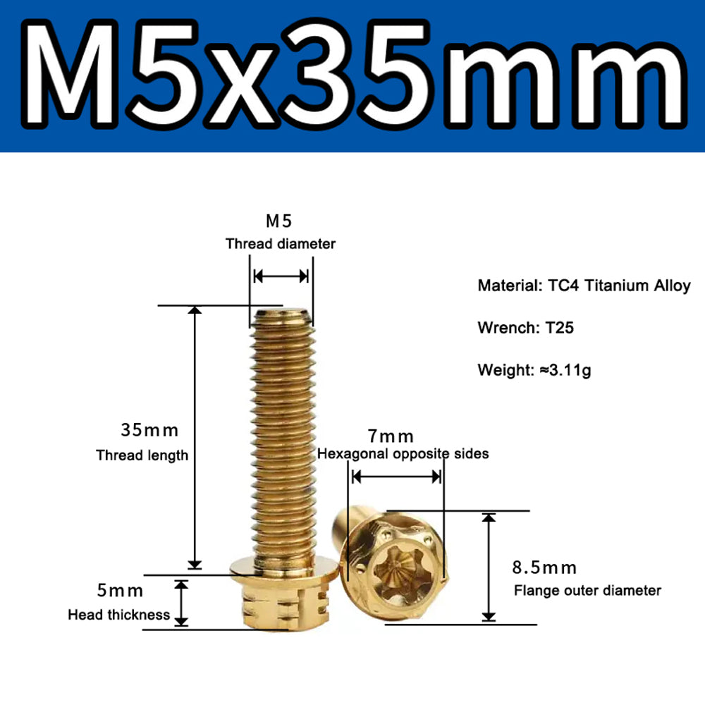 M4 M5 M6 M8 TC4 Titanium Screws Torx/Hex 6 colors 10-60mm （5Pcs）