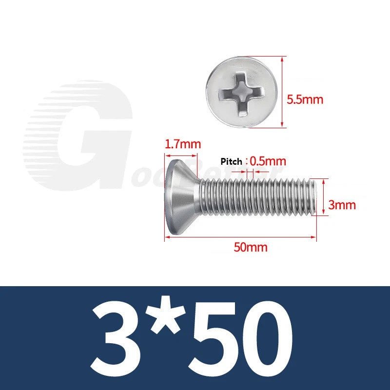 M1–M3.5 Phillips Countersunk Machine Screws – 304 Stainless Steel, Fully Threaded (3–120mm Overall Length) - HomeDIYer