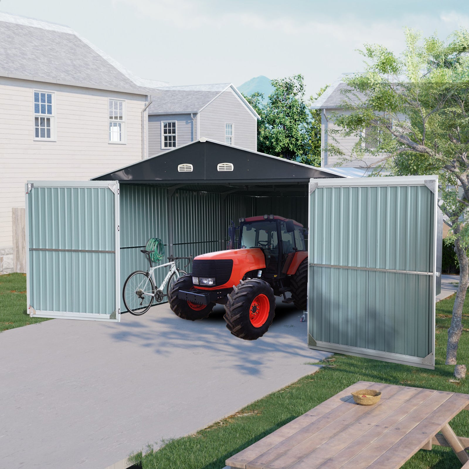 20x13 FT Outdoor Storage Shed Metal Garage Shed for Car, Bike, Lawnmower - Backyard Tool House Building 2 Doors and 4 Vents, BLACK