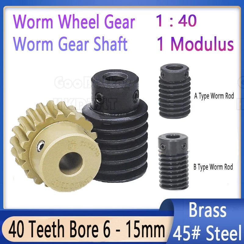 Mod 1 Worm Gear Wheel Brass 40 Tooth Worm Shaft 45# Steel-Brass Bore 6 - 15 mm